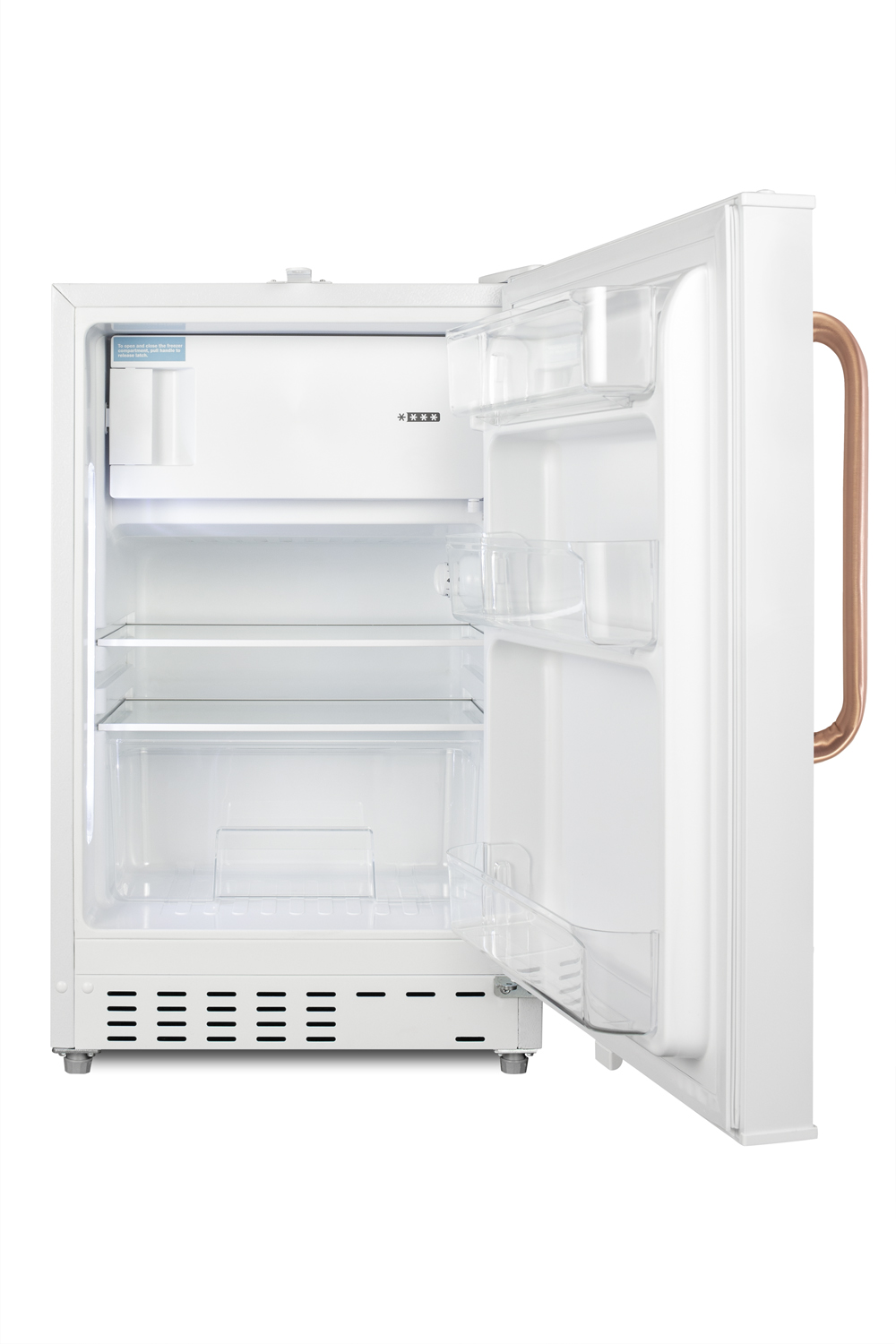 Built-in undercounter, ADA compliant refrigerator-freezer in white, designed for general purpose storage, with pure copper towel bar handle, manual defrost with glass shelves, front lock, and door storage
